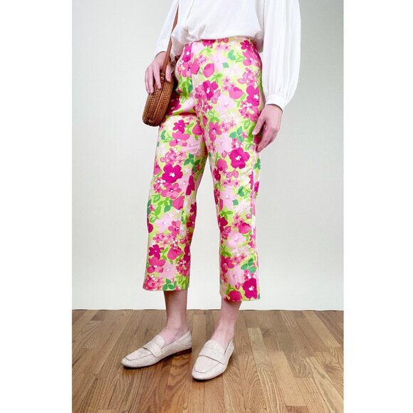 Vintage Floral Print Capris Cropped Trouser Wide Straight Leg Flare Summer Pants - Picture 2 of 10